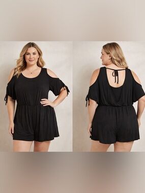 VENUS Black Cold Shoulder Romper Flowy Lounge Chic Tie Sleeve Keyhole Back New